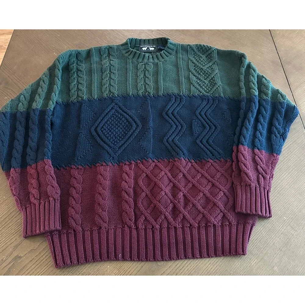 Woods & Gray Mens XL Colorblock Cable Knit Cotton Sweater Green‎ Blue Burgundy